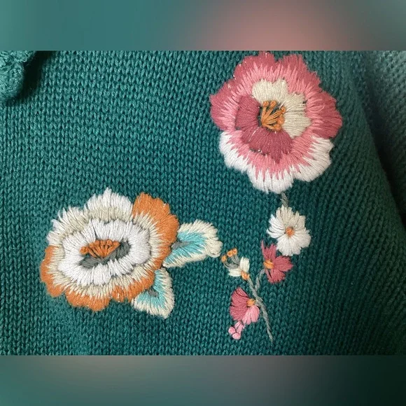 Carroll Reed Vtg Cable Knit Embroidered Cardigan L Floral Chunky Granny Cottage - Picture 8 of 13